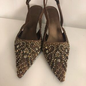 Le Chateau Elegant Bronze Beaded Slingback Heels